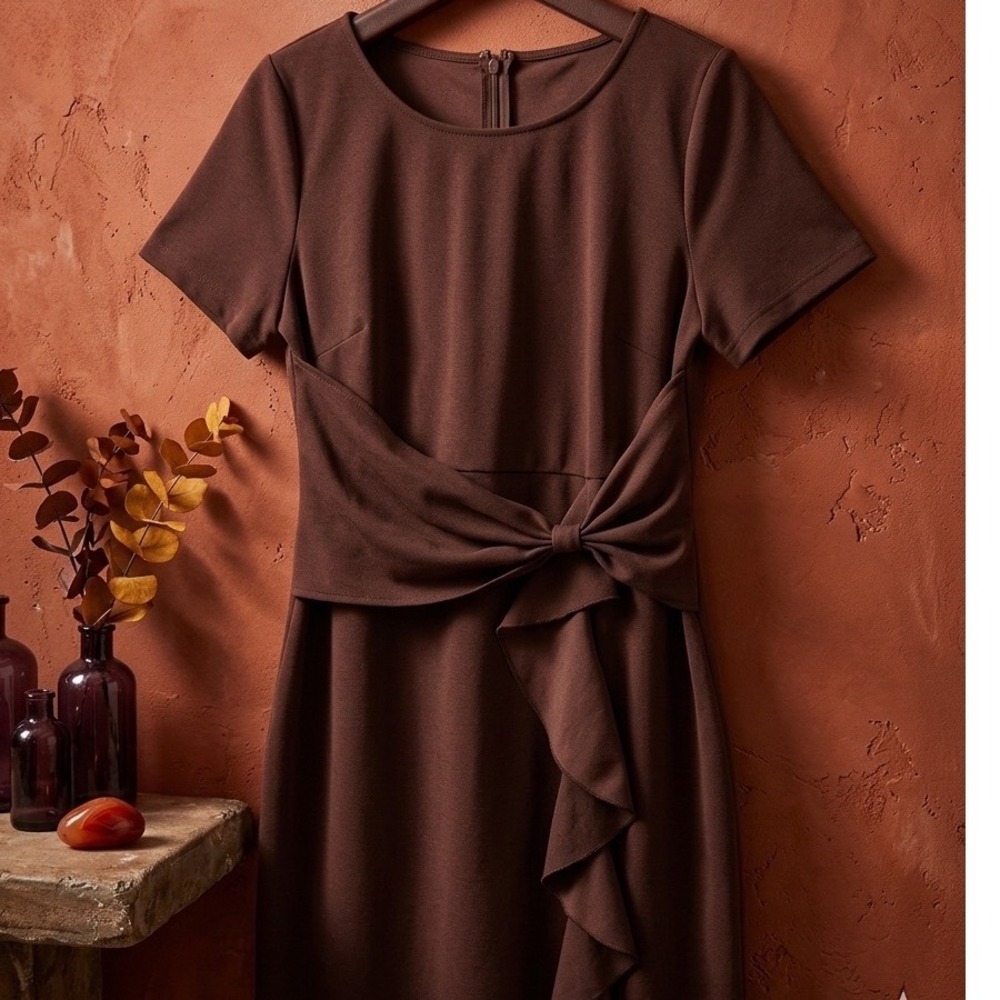 Aisize Vintage Redefined NWT 2XL Brown Ruffle Bow Sheath Dress Short Sleeve